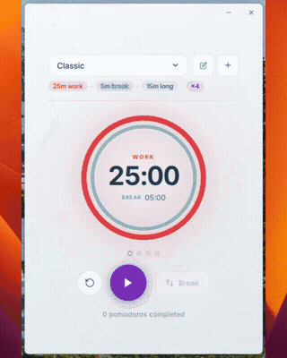 Animated preview of Ketchup's compact dual-ring Pomodoro timer interface.